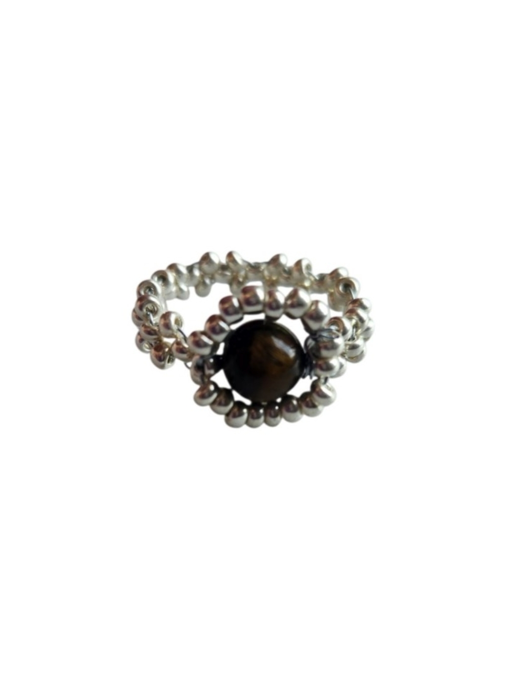 Silver Beaded Ring with Tigers Eye Gemstone